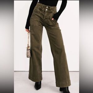 1092. High rise wide leg denim in army green